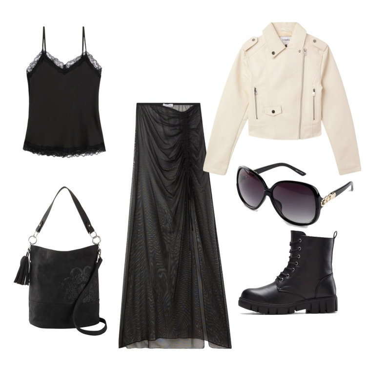 Outfit donna - Domenica di primavera rock. Stile Rock per Tutti i giorni. Abbinamento con stivaletti, occhiali da sole, borse a mano, gonne lunghe, giacche, top.