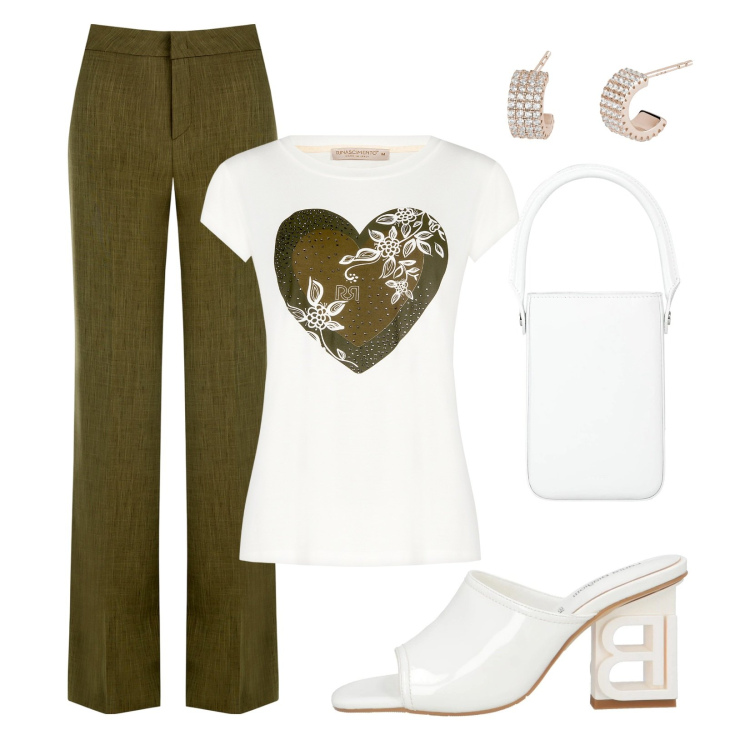 Outfit donna - Pomeriggio con le amiche. Stile Casual chic per Tutti i giorni. Abbinamento con sandali in pelle, borse a mano, orecchini, pantaloni a palazzo, t-shirt.