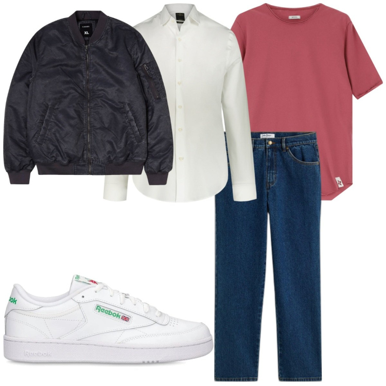 Outfit uomo - Total look #2115642. Stile Trendy per Tutti i giorni. Abbinamento con jeans dritti, bomber, t-shirt, camicie, sneakers.