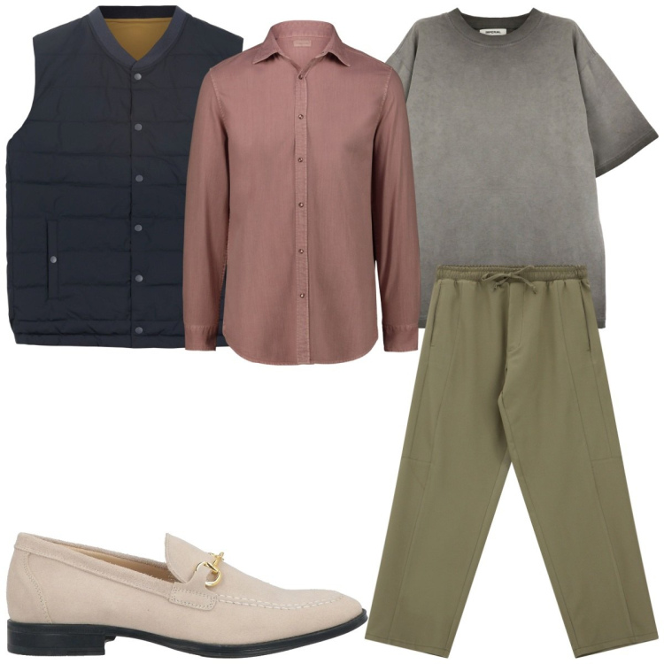 Outfit uomo - Total look #2115643. Stile Trendy per Tutti i giorni. Abbinamento con scarpe stringate, t-shirt, pantaloni cargo, gilet, camicie.