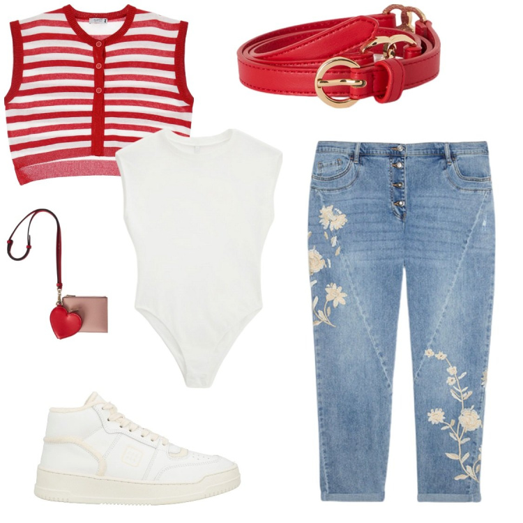 Outfit donna - spring passion. Stile Trendy per Tutti i giorni. Abbinamento con sneakers alte, gilet, top, jeans, portafogli, cinture.