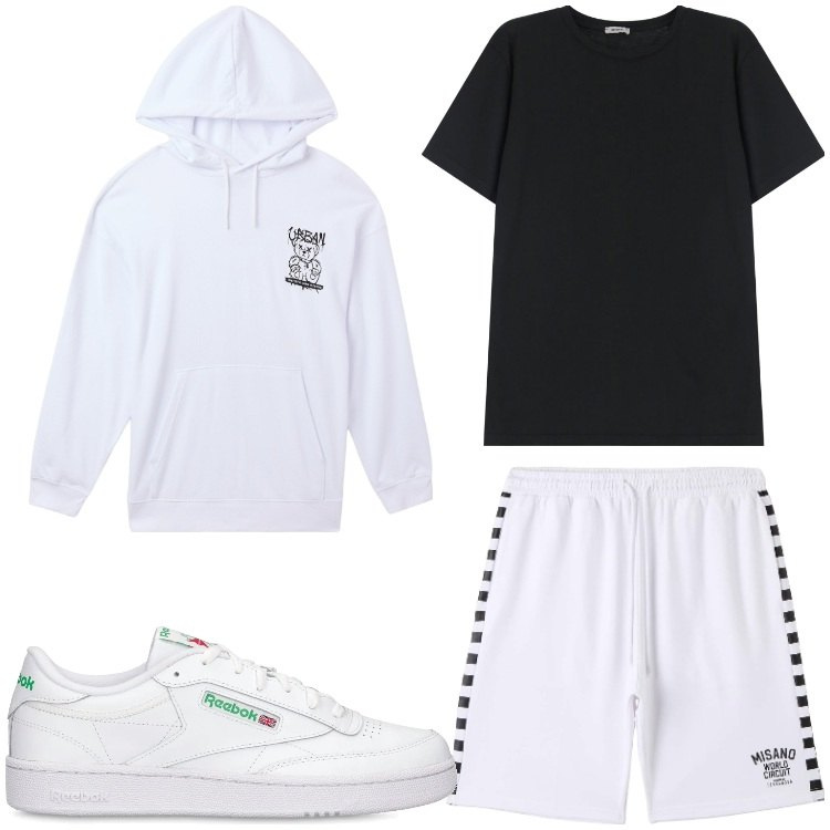 Outfit uomo - In movimento. Stile Casual per Sport. Abbinamento con bermuda, felpe con cappuccio, t-shirt, sneakers.
