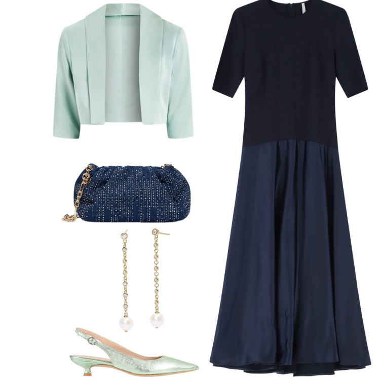 Outfit donna - Cerimonia. Stile Chic per Cerimonia. Abbinamento con décolleté, vestiti midi/longuette, orecchini, bolero, clutch.