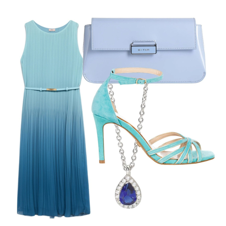 Outfit donna - Sfumature di blu. Stile Bon Ton per Serata fuori. Abbinamento con borse a mano, collane, sandali col tacco, vestiti midi/longuette.