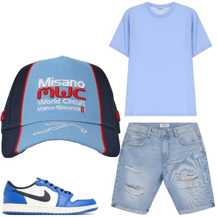 Outfit uomo - Misano. Stile Casual per Tutti i giorni. Abbinamento con bermuda, cappelli, t-shirt, sneakers.