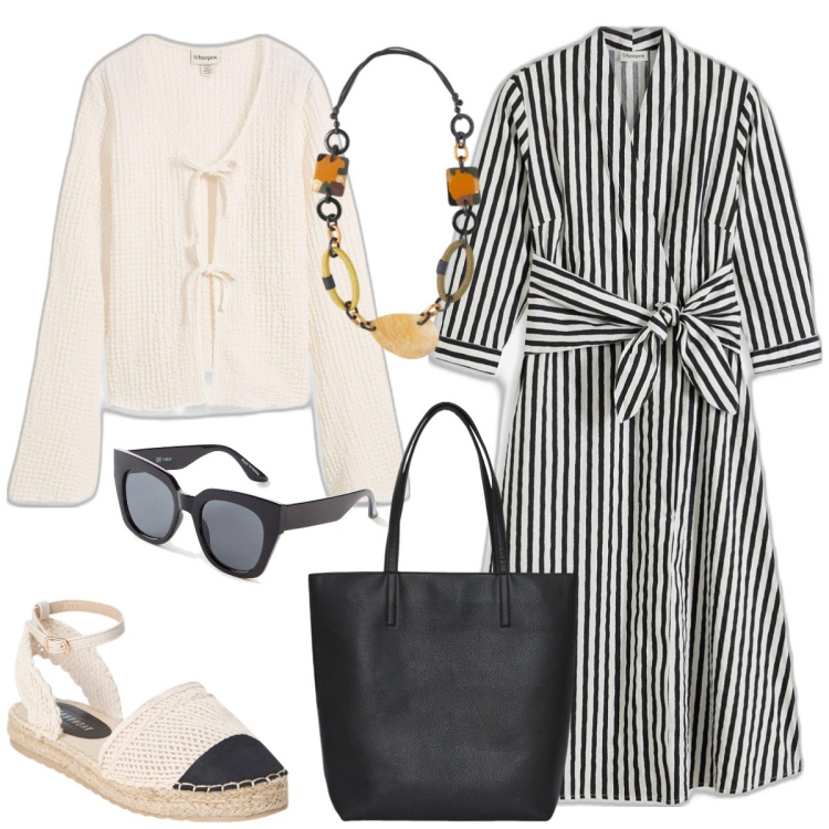 Outfit donna - Passeggiata al mare. Stile Casual per Tutti i giorni. Abbinamento con vestiti midi/longuette, cardigans, occhiali da sole, borse tote, espadrillas, collane.