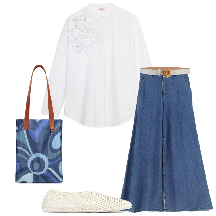 Outfit donna - Camicia bianca. Stile Romantica per Serata fuori. Abbinamento con cinture, jeans, shopping bag, ballerine, camicie.