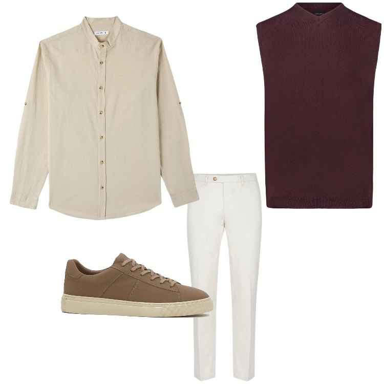 Outfit uomo - Elegante in gilet. Stile Casual per Ufficio. Abbinamento con sneakers, camicie, pantaloni chino, gilet.
