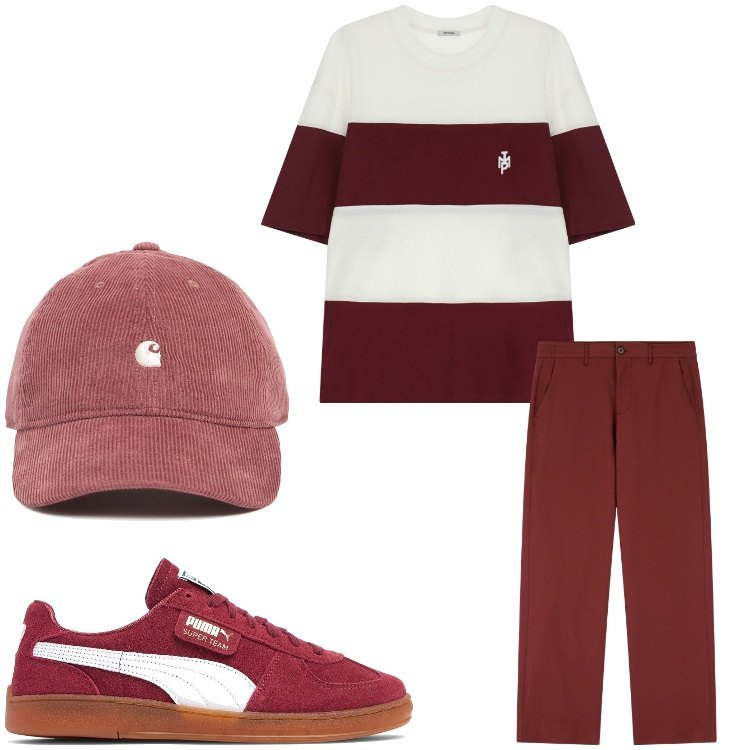 Outfit uomo - Bianco e burgundy. Stile Casual per Tutti i giorni. Abbinamento con pantaloni, t-shirt, cappelli, sneakers.