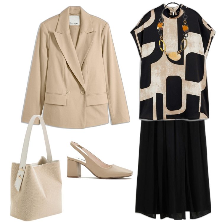 Outfit donna - Di nero e kaki. Stile Basic per Ufficio. Abbinamento con gonne lunghe, tuniche, blazer, décolleté, collane, borse a tracolla.