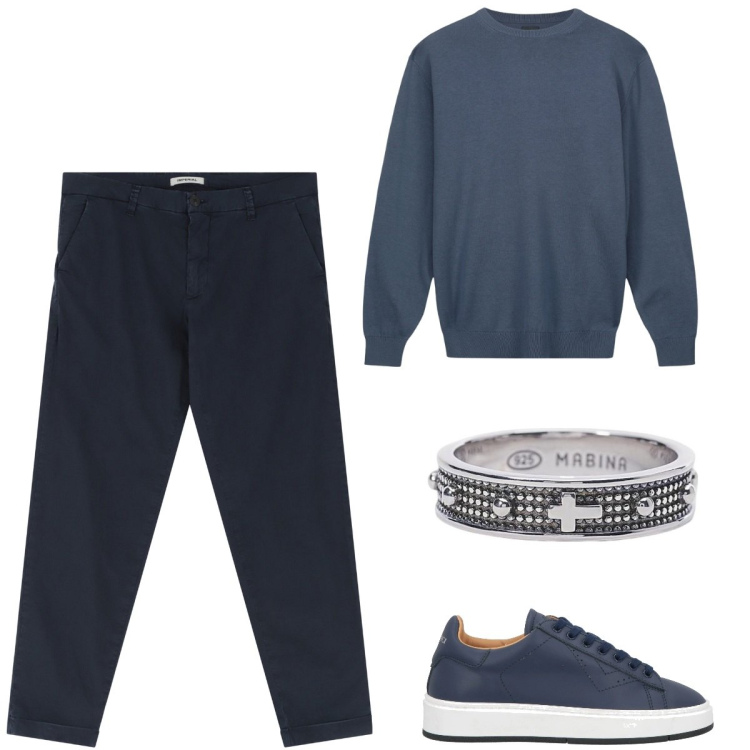 Outfit uomo - Dettagli metallici. Stile Urban per Ufficio. Abbinamento con sneakers, anelli, pantaloni chino, maglieria.