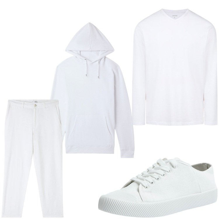 Outfit uomo - Pazzo per il bianco. Stile Casual per Tutti i giorni. Abbinamento con pantaloni, felpe con cappuccio, sneakers, t-shirt.