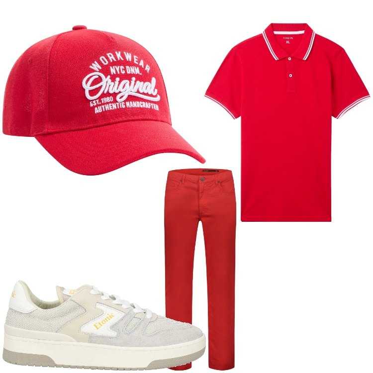 Outfit uomo - Il primo tifoso. Stile Casual per Tutti i giorni. Abbinamento con sneakers, cappelli, polo, pantaloni.