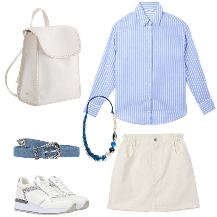 Outfit donna - Semplice in bianco e azzurro. Stile Casual per Scuola/Università. Abbinamento con minigonne, cinture, camicie, sneakers, zaini, collane.