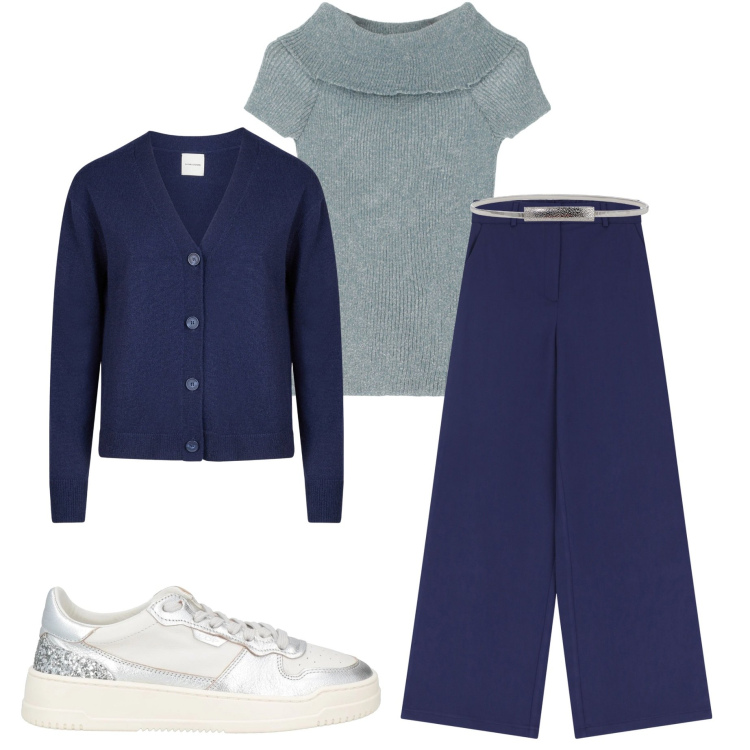 Outfit donna - In ufficio. Stile Basic per Ufficio. Abbinamento con sneakers, pullovers, pantaloni, cinture, cardigans.