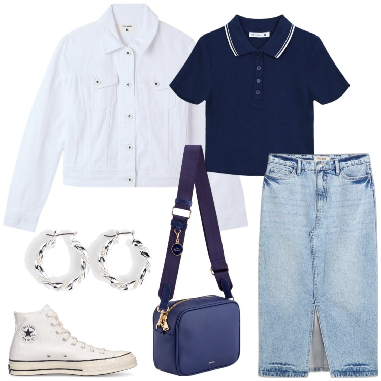 Outfit donna - Dinamica. Stile Sporty chic per Tutti i giorni. Abbinamento con orecchini, gonne longuette, polo, blazer, sneakers, borse a tracolla.