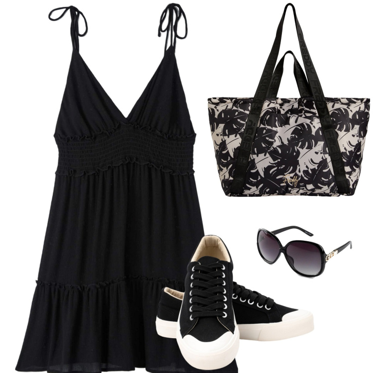 Outfit donna - Passeggiata al mare. Stile Casual per Mare. Abbinamento con occhiali da sole, vestiti, shopping bag, sneakers.