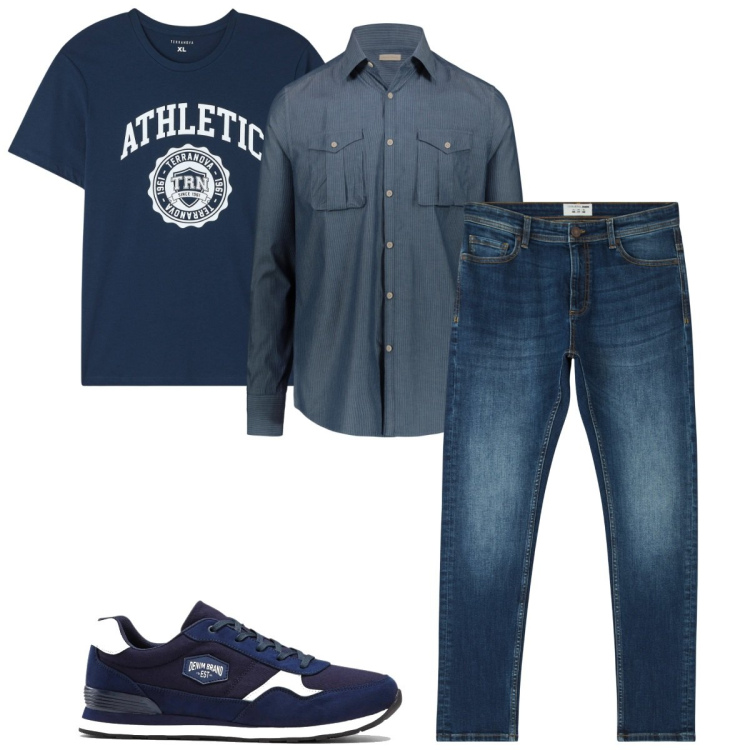 Outfit uomo - Layering primaverile. Stile Casual per Tutti i giorni. Abbinamento con sneakers, t-shirt, jeans skinny, camicie.