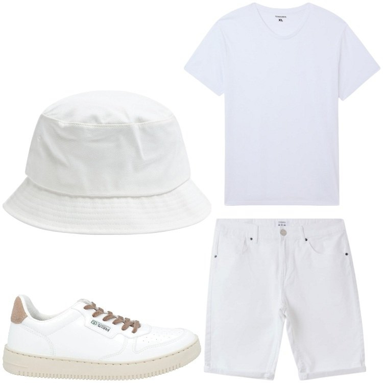 Outfit uomo - Pronto per l´estate. Stile Casual per Tutti i giorni. Abbinamento con sneakers, t-shirt, cappelli, bermuda.
