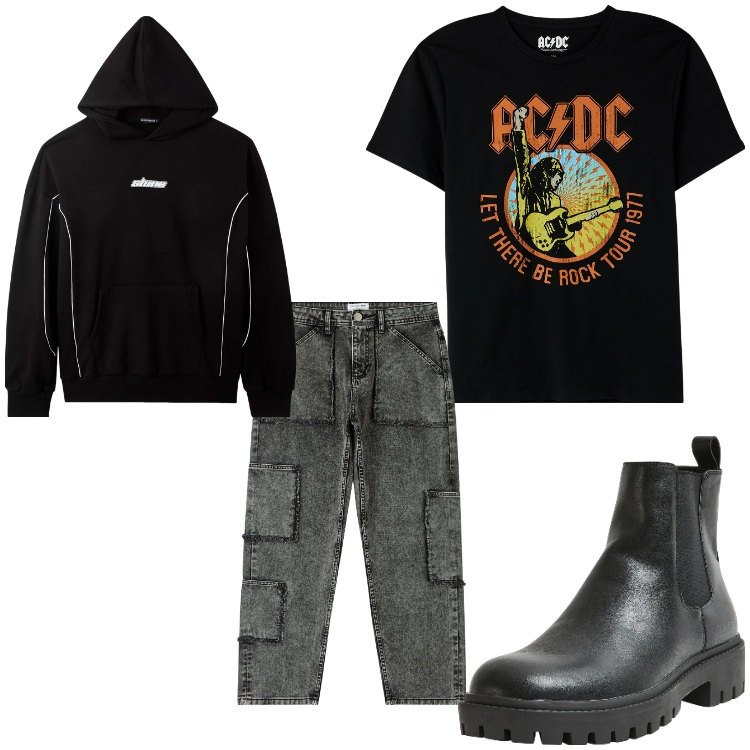 Outfit uomo - Tipo rock. Stile Biker Rock per Tutti i giorni. Abbinamento con t-shirt, felpe con cappuccio, jeans, stivali e stivaletti.