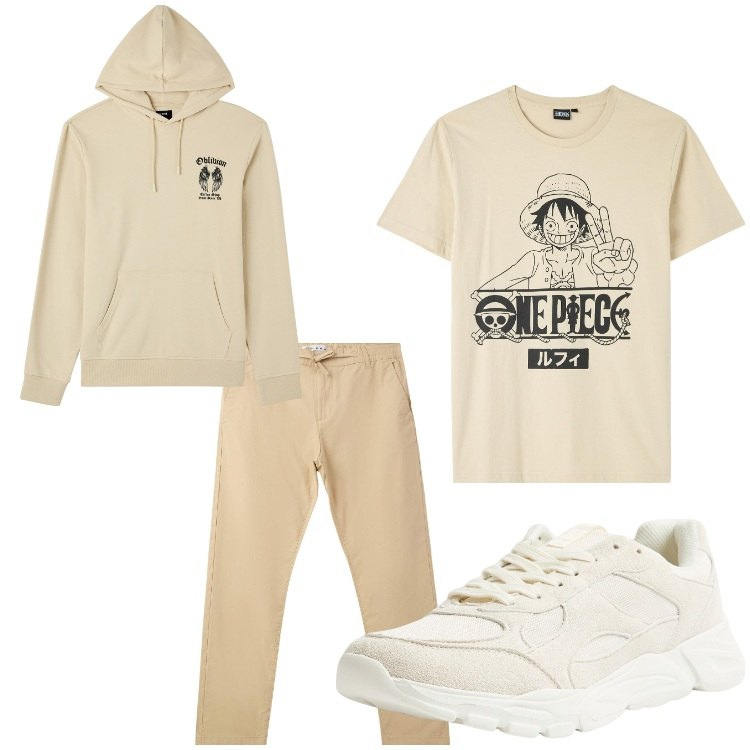 Outfit uomo - Chiaro. Stile Casual per Tutti i giorni. Abbinamento con felpe con cappuccio, pantaloni chino, sneakers, t-shirt.