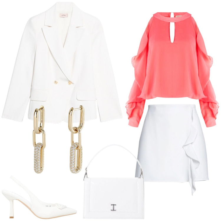 Outfit donna - Pranzo elegante. Stile Chic per Tutti i giorni. Abbinamento con décolleté, minigonne, borse a tracolla, orecchini, bluse, blazer.