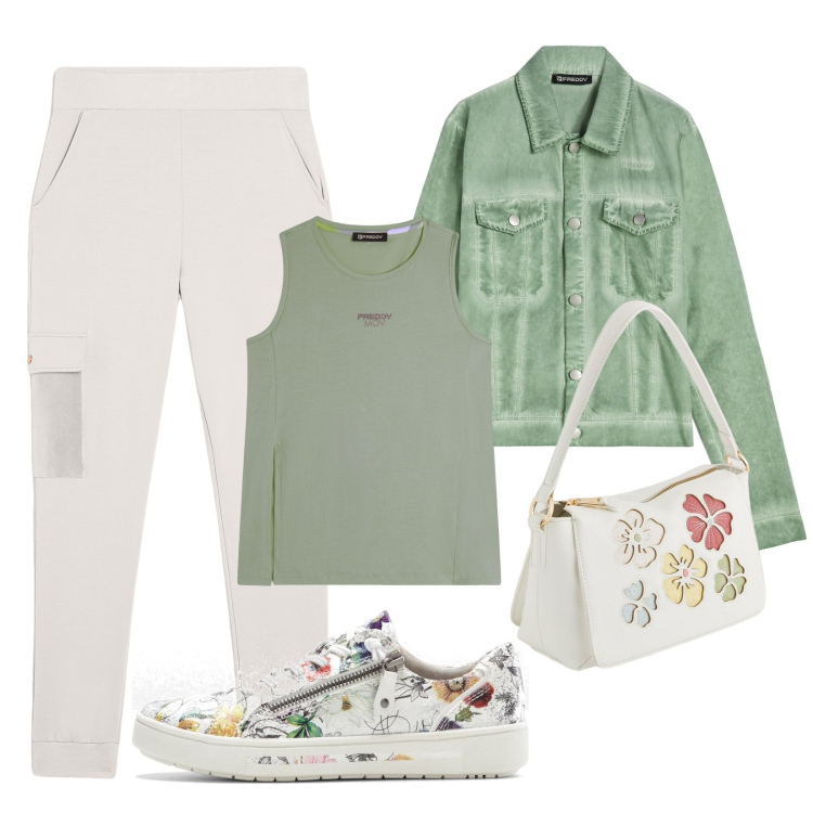 Outfit donna - In gita. Stile Casual per Tutti i giorni. Abbinamento con sneakers, pantaloni cargo, blazer, canottiere, borse a tracolla.