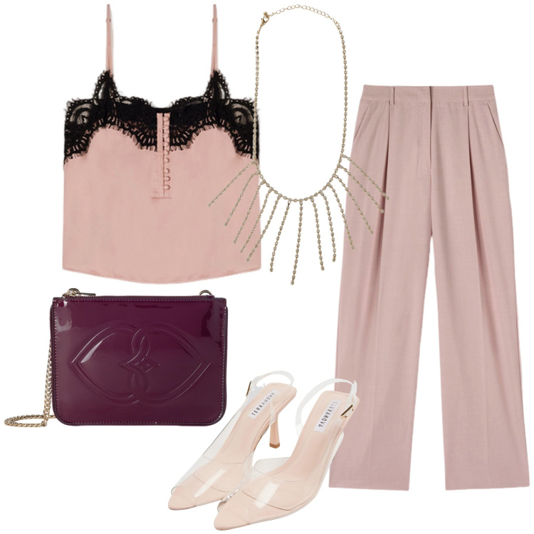 Outfit donna - Motivi di aperitivo con Terranova. Stile Glamour per Serata fuori. Abbinamento con sandali col tacco, collane, top, pochette, pantaloni a palazzo.