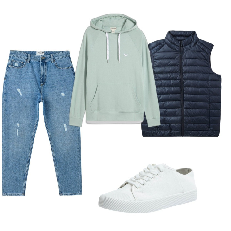 Outfit uomo - Total look #2115713. Stile Casual per Tutti i giorni. Abbinamento con felpe con cappuccio, jeans strappati, piumini, sneakers.