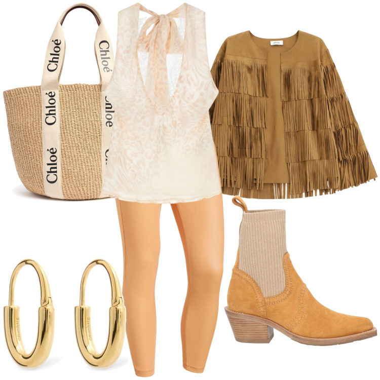 Outfit donna - Blusa bon ton look bohemien. Stile Boho per Serata fuori. Abbinamento con stivaletti texani, top, jeggings, giacche, shopping bag, orecchini.