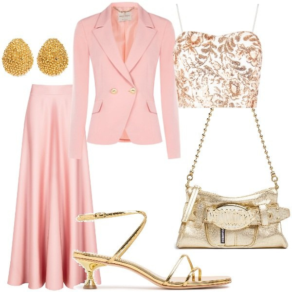 Outfit donna - Matrimonio di sera. Stile Glamour per Cerimonia. Abbinamento con gonne, blazer, top, sandali in pelle, borse a spalla, orecchini.