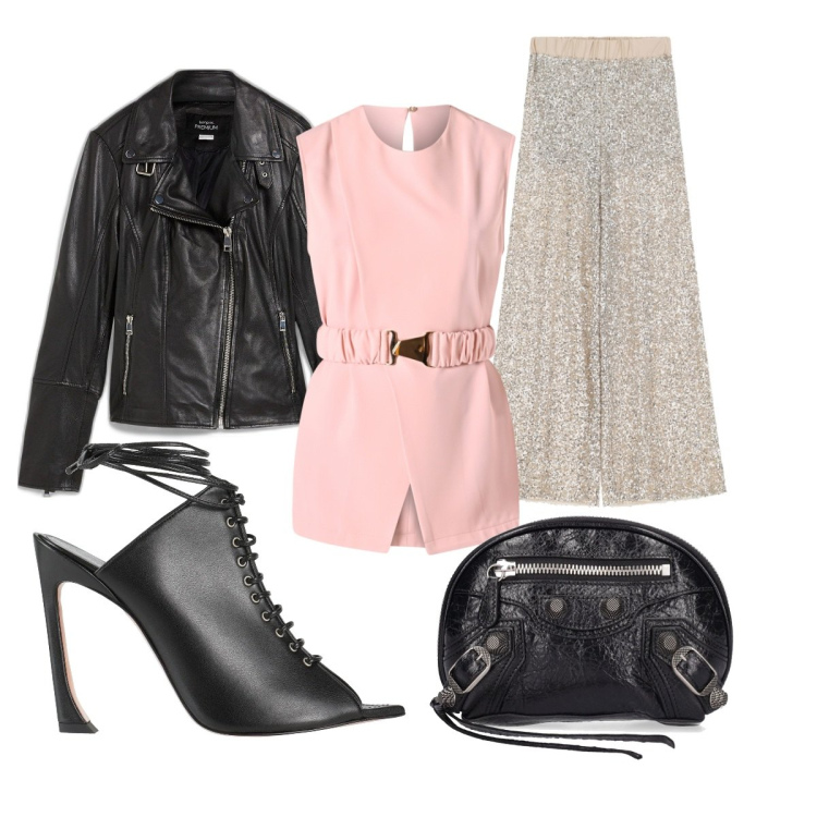 Outfit donna - Serata con le amiche. Stile Casual chic per Serata fuori. Abbinamento con blazer, sandali col tacco, pantaloni a palazzo, bluse, borse a secchiello.