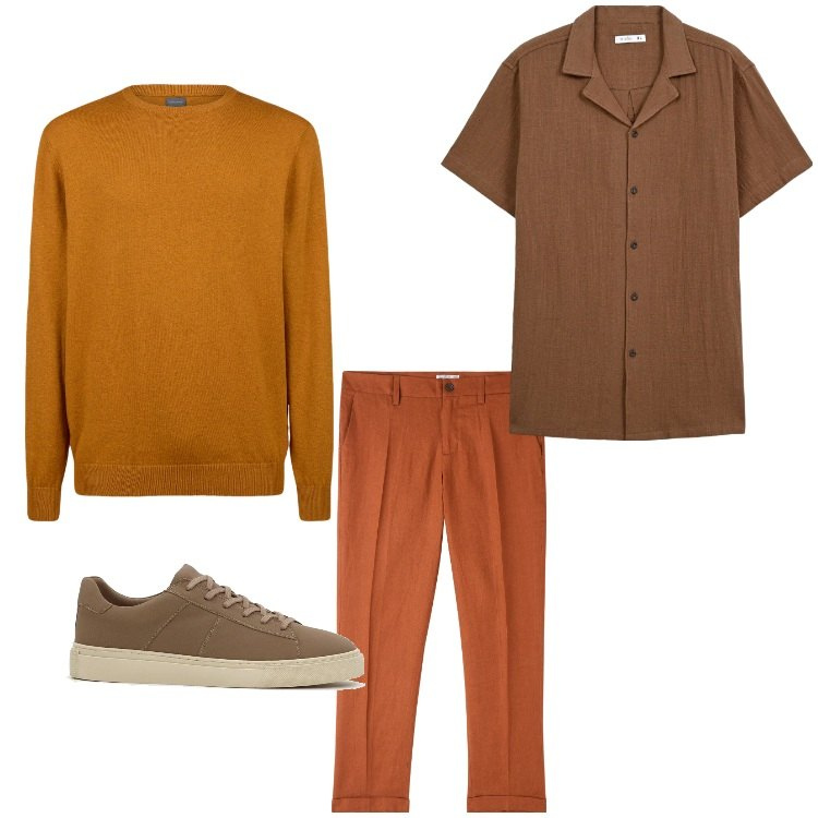 Outfit uomo - I colori della Terra. Stile Casual per Tutti i giorni. Abbinamento con sneakers, camicie a manica corta, pantaloni chino, maglieria.