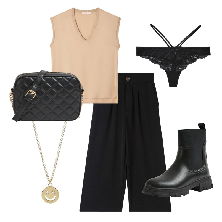 Outfit donna - Total look #2115730. Stile Casual chic per Tutti i giorni. Abbinamento con pantaloni a palazzo, stivaletti chelsea, top, borse a tracolla, perizomi, collane.