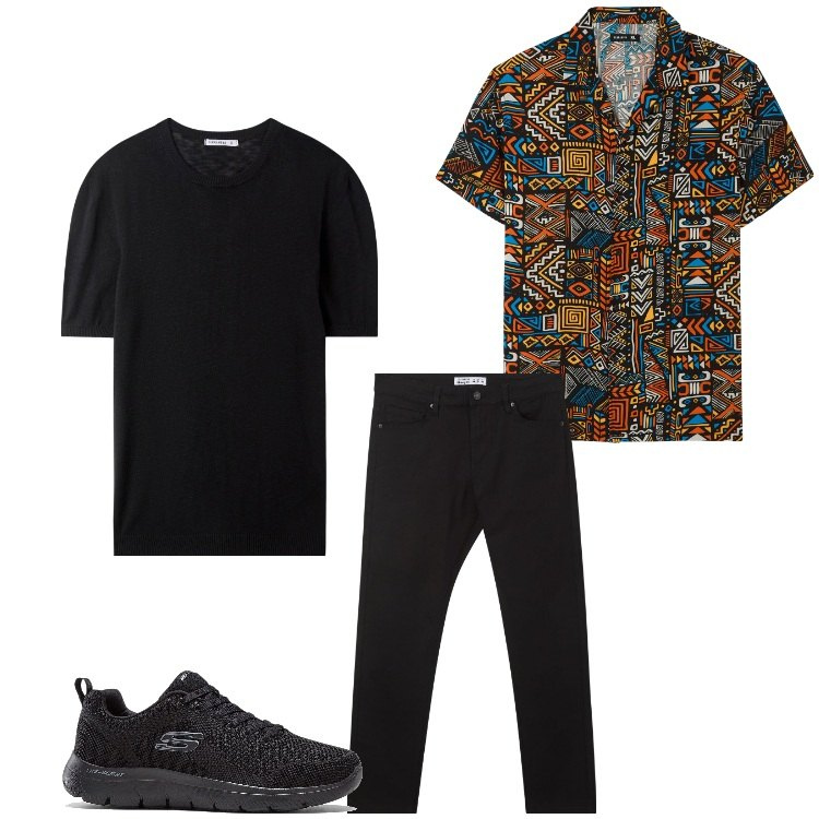 Outfit uomo - Etnico. Stile Casual per Tutti i giorni. Abbinamento con sneakers, pantaloni skinny, t-shirt, camicie a manica corta.