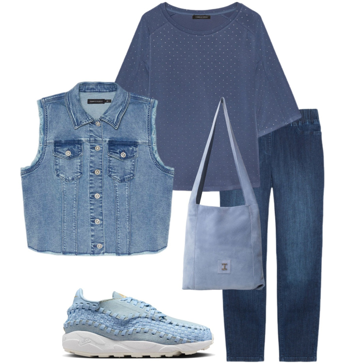 Outfit donna - Giornata libera. Stile Casual per Tutti i giorni. Abbinamento con borse a tracolla, jeggings, gilet, sneakers, felpe.