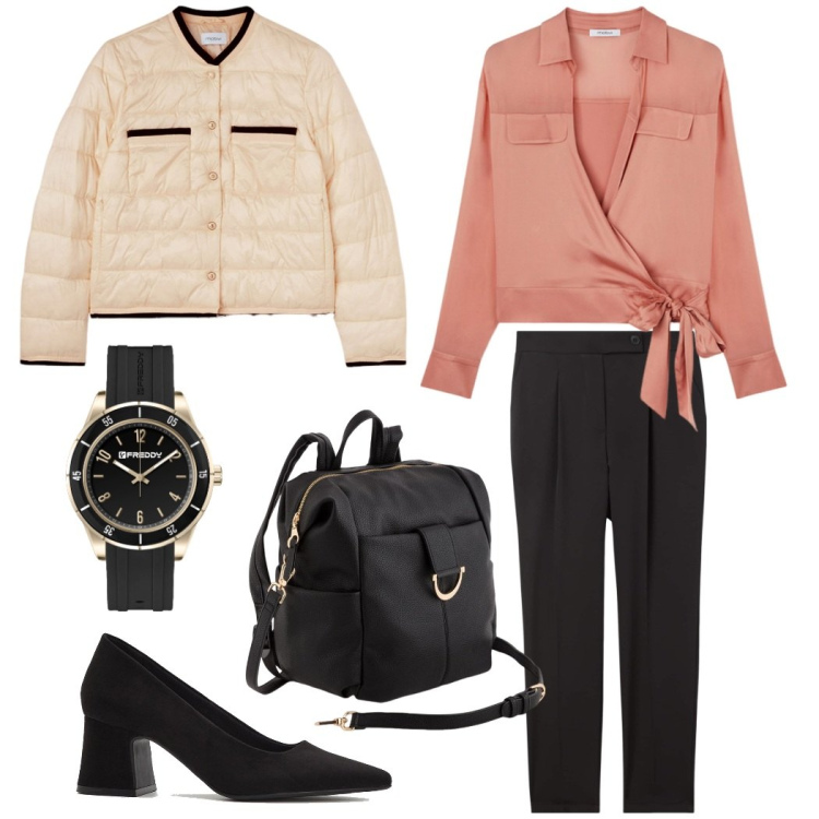 Outfit donna - Elegante da ufficio. Stile Bon Ton per Ufficio. Abbinamento con décolleté, pantaloni chino, orologi, camicie, piumini, zaini.