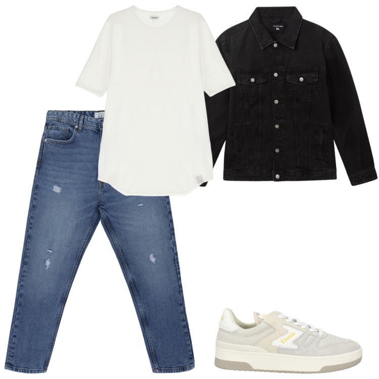 Outfit uomo - Calzature ibride. Stile Casual per Tutti i giorni. Abbinamento con sneakers, giacche, jeans strappati, t-shirt.