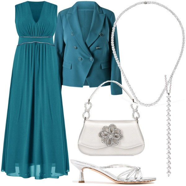 Outfit donna - Una collana per la cerimonia. Stile Glamour per Cerimonia. Abbinamento con vestiti lunghi, blazer, ciondoli, borse a mano, collane, sandali in pelle.