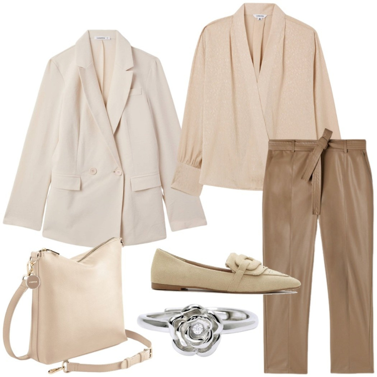 Outfit donna - Color caffellatte da ufficio. Stile Casual chic per Ufficio. Abbinamento con mocassini, blazer, bluse, anelli, pantaloni, borse a tracolla.