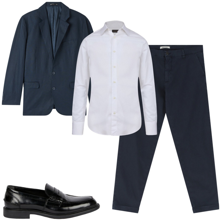 Outfit uomo - In ufficio. Stile Business/Elegante per Ufficio. Abbinamento con giacche, pantaloni chino, camicie, scarpe stringate.