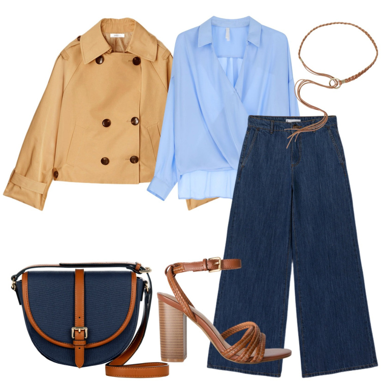 Outfit donna - Denim. Stile Casual chic per Tutti i giorni. Abbinamento con bluse, cinture, borse a tracolla, sandali col tacco, trench, jeans.
