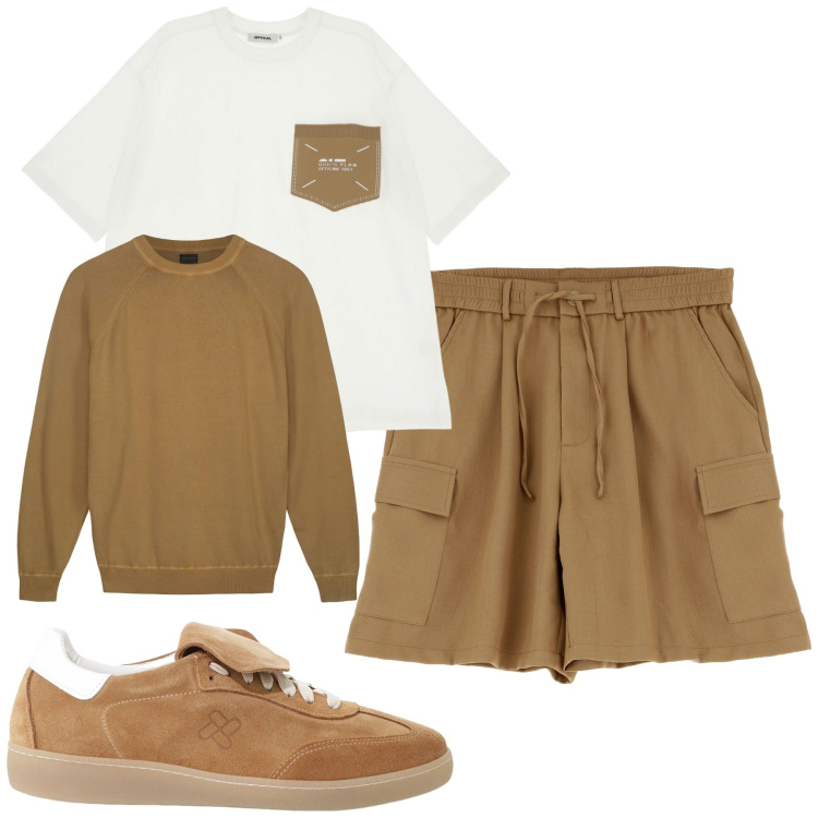 Outfit uomo - City. Stile Casual per Tutti i giorni. Abbinamento con t-shirt, sneakers, bermuda, maglieria.