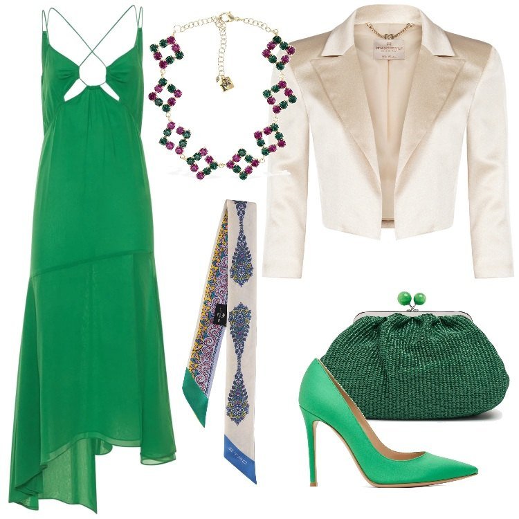 Outfit donna - Green style. Stile Chic per Cerimonia. Abbinamento con bolero, vestiti midi/longuette, collane, décolleté, foulard, pochette.