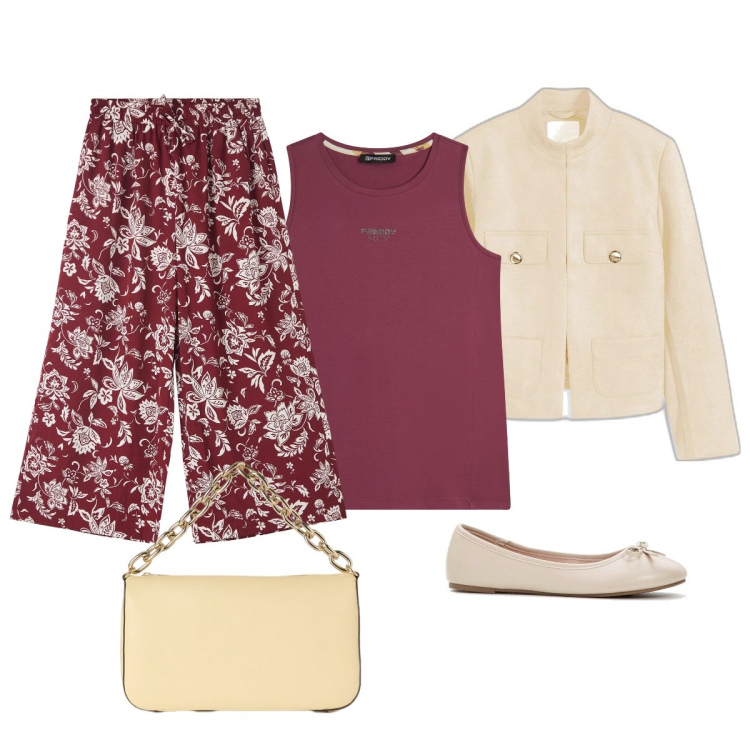 Outfit donna - In città. Stile Chic per Tutti i giorni. Abbinamento con blazer, ballerine, pantaloni a palazzo, canottiere, borse a tracolla.