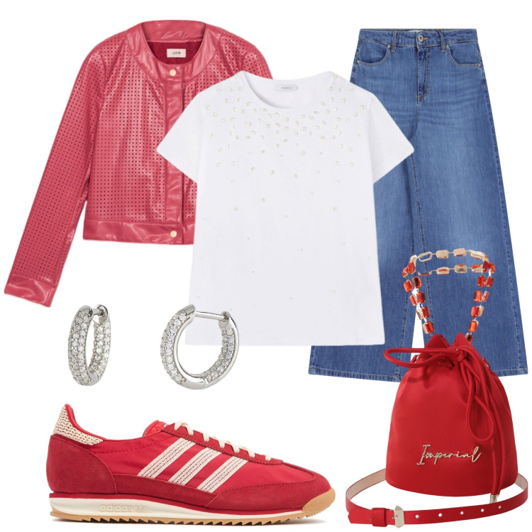 Outfit donna - Smart casual. Stile Casual per Tutti i giorni. Abbinamento con borse a secchiello, pantaloni a palazzo, orecchini, sneakers, giacche, t-shirt.