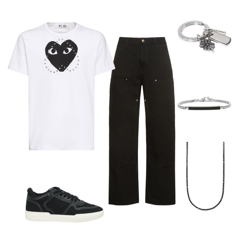 Outfit uomo - Total look #2115793. Stile Casual per Tutti i giorni. Abbinamento con portachiavi, braccialetti, collane, sneakers, jeans, t-shirt.