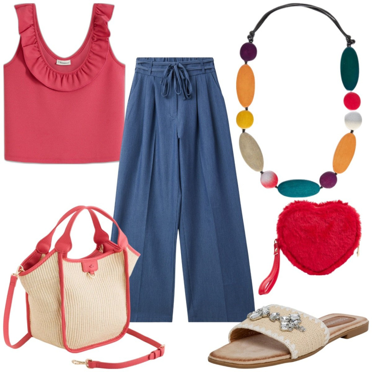 Outfit donna - Rosso e denim. Stile Urban per Tutti i giorni. Abbinamento con top, jeans, ciabatte, portafogli, collane, borse a mano.