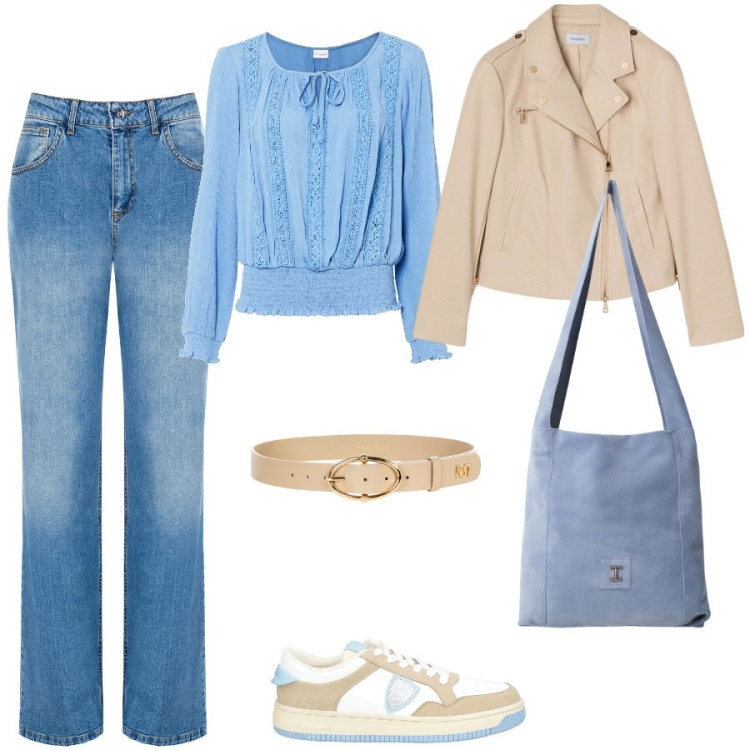 Outfit donna - Beige e color ceruleo. Stile Casual per Scuola/Università. Abbinamento con bluse, sneakers, borse a tracolla, jeans, cinture, blazer.