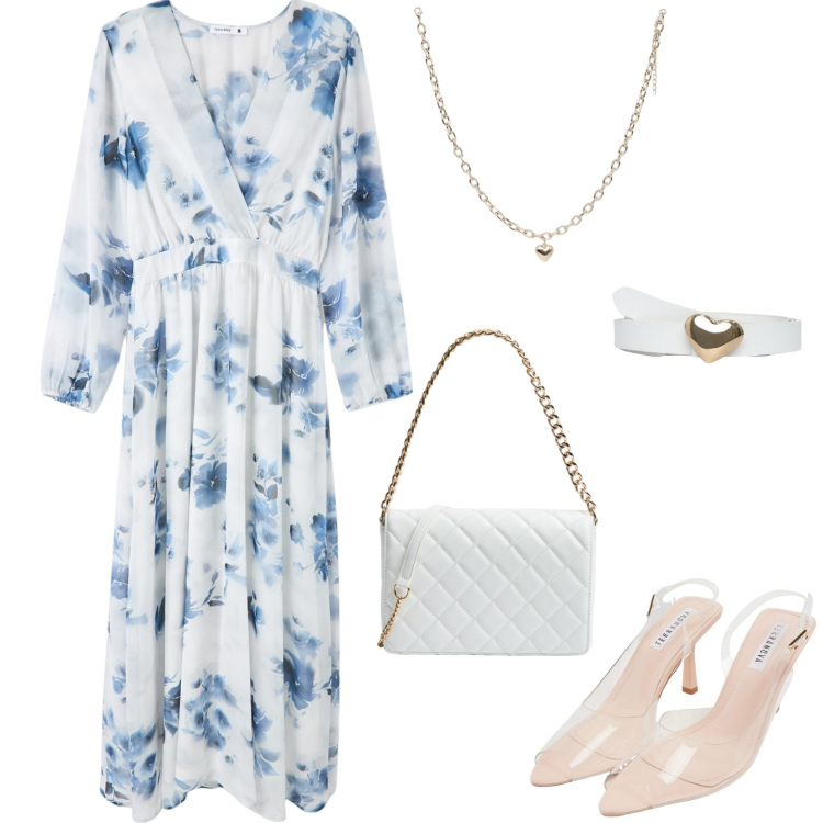 Outfit donna - Romantica. Stile Romantica per Cerimonia. Abbinamento con sandali col tacco, cinture, collane, vestiti lunghi, borse a tracolla.